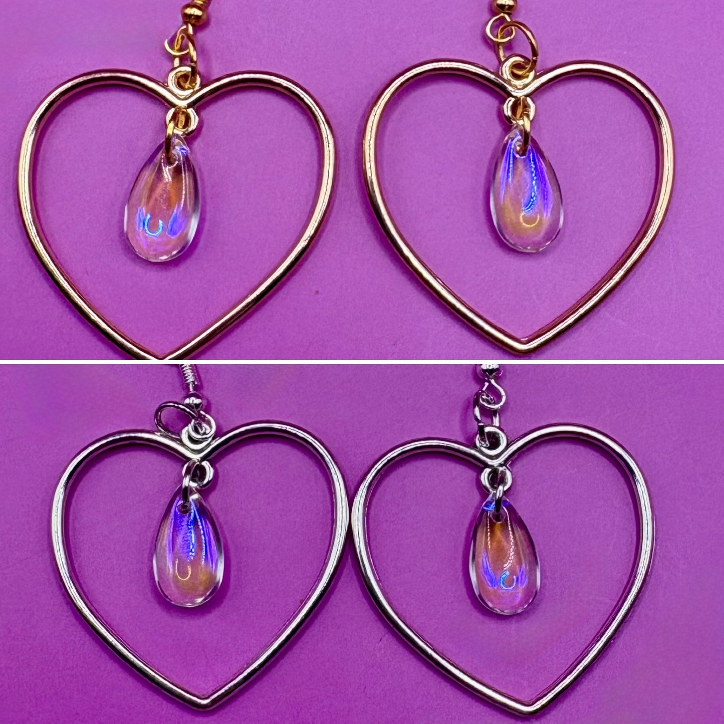 Stylish silver heart hoop dangly earrings, featuring a trendy design perfect for adding a romantic touch to any outfit.
