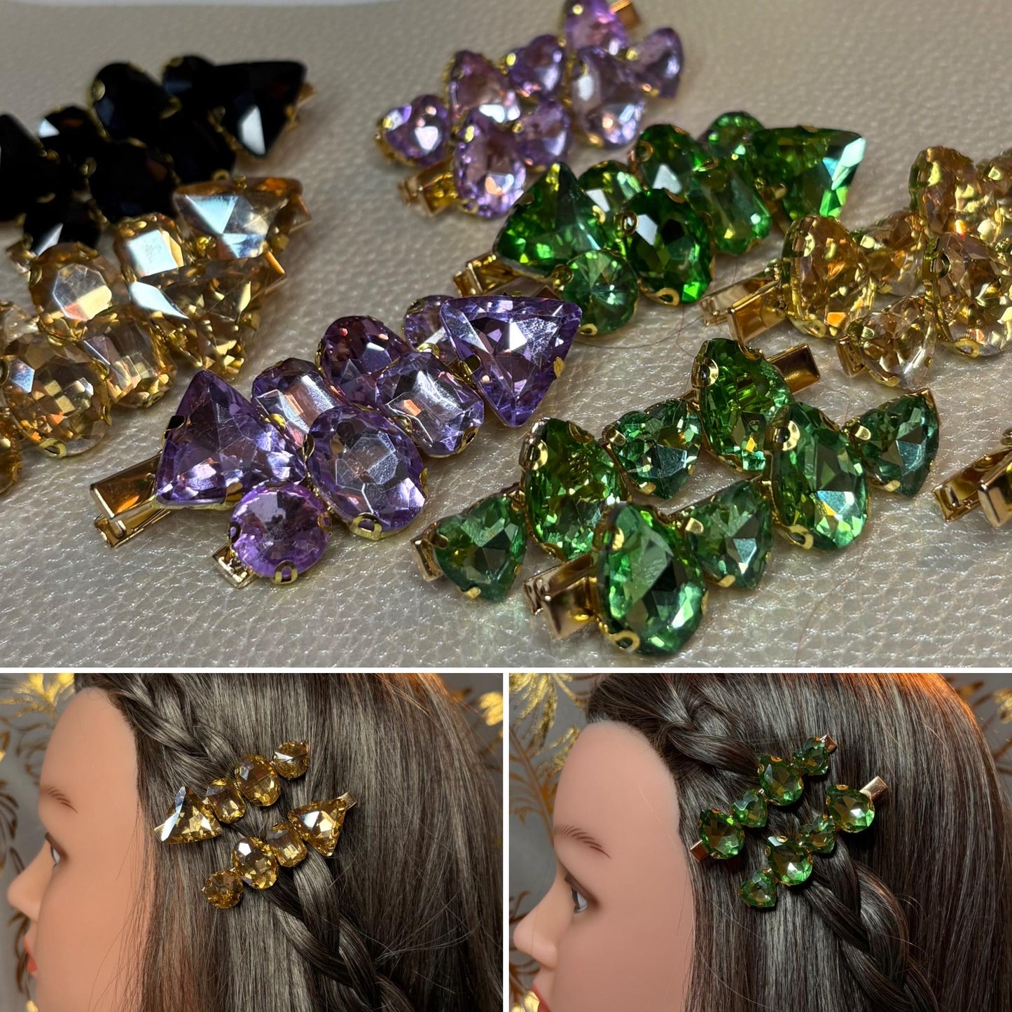Pair of Pink and purple gem stone handmade sparkly large rhinestone hair clip fashion hair slide glass gem stones Christmas