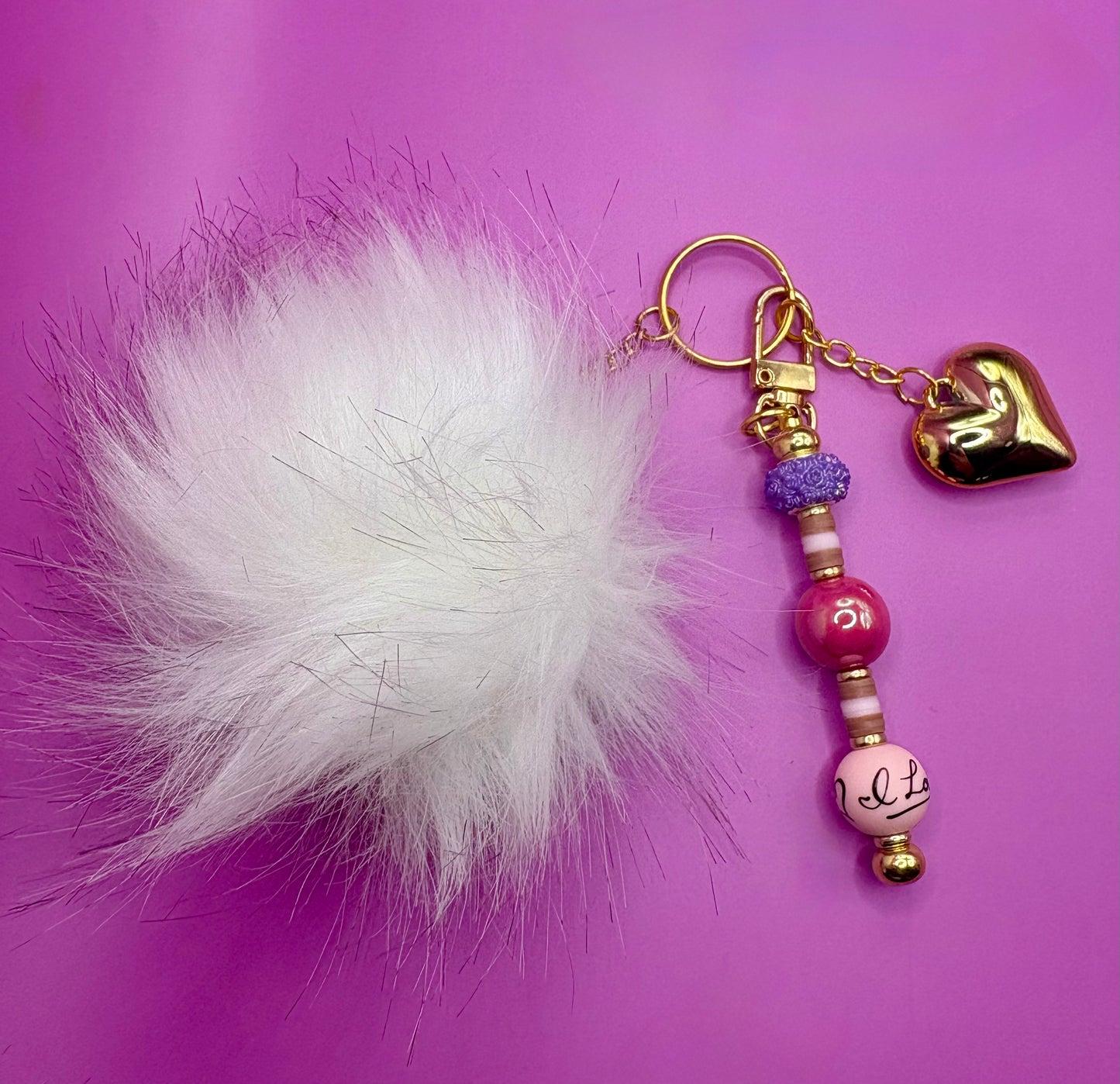 Beaded Keyring Keychain with Pendant - Colorful and Trendy Accessory for Keys and Handbags white and purple fluffy ball gold