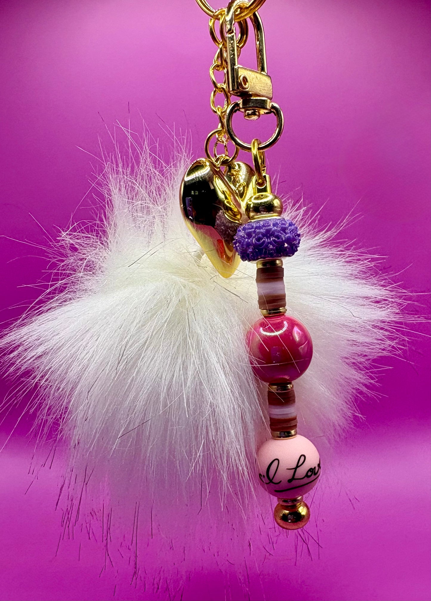 Beaded Keyring Keychain with Pendant - Colorful and Trendy Accessory for Keys and Handbags white and purple fluffy ball gold
