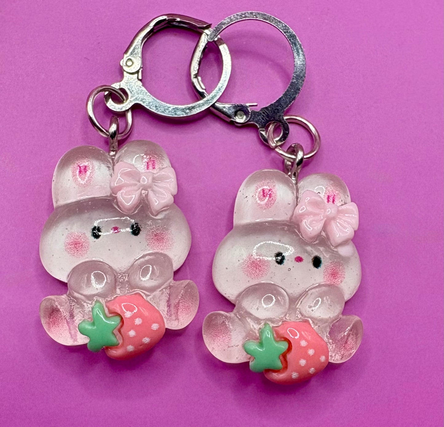 Cute Bunny Rabbit Translucent Drop Earrings with Strawberry Design - Available in Multiple Styles for Kids, Teens, and Adults - Fun Animal Cartoon Novelty Costume Jewelry