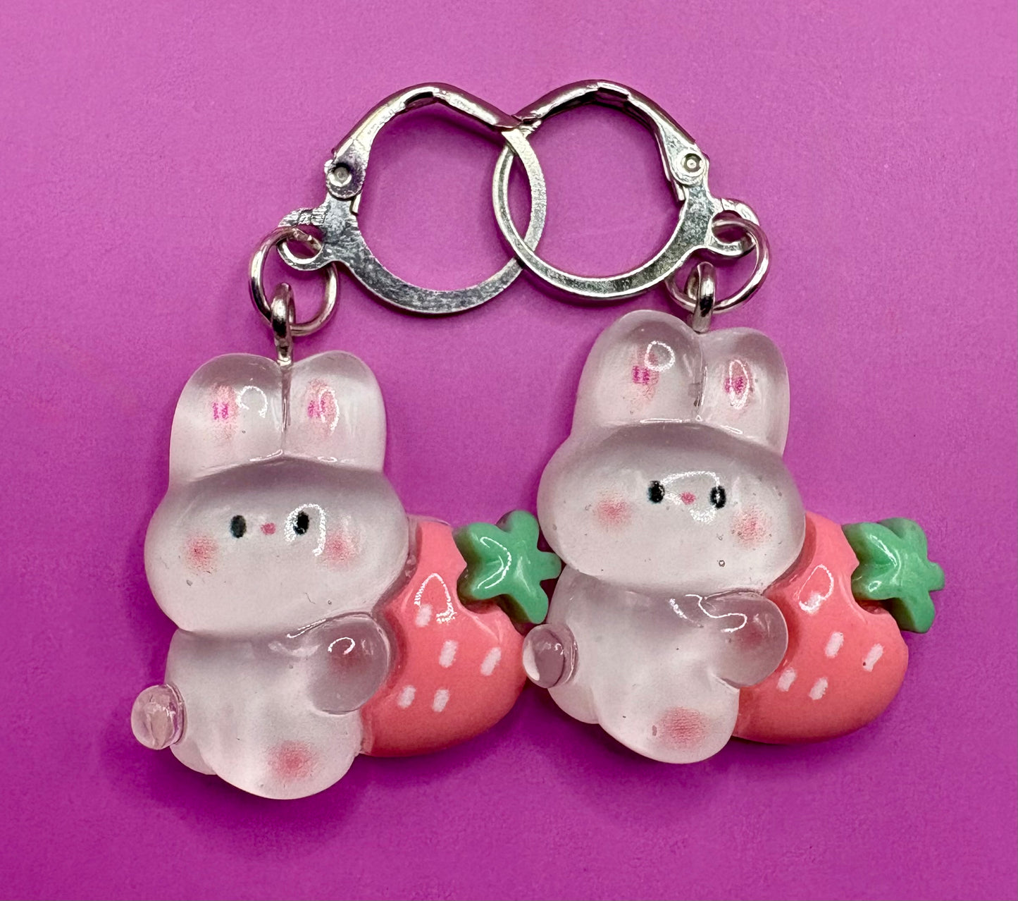 Cute Bunny Rabbit Translucent Drop Earrings with Strawberry Design - Available in Multiple Styles for Kids, Teens, and Adults - Fun Animal Cartoon Novelty Costume Jewelry