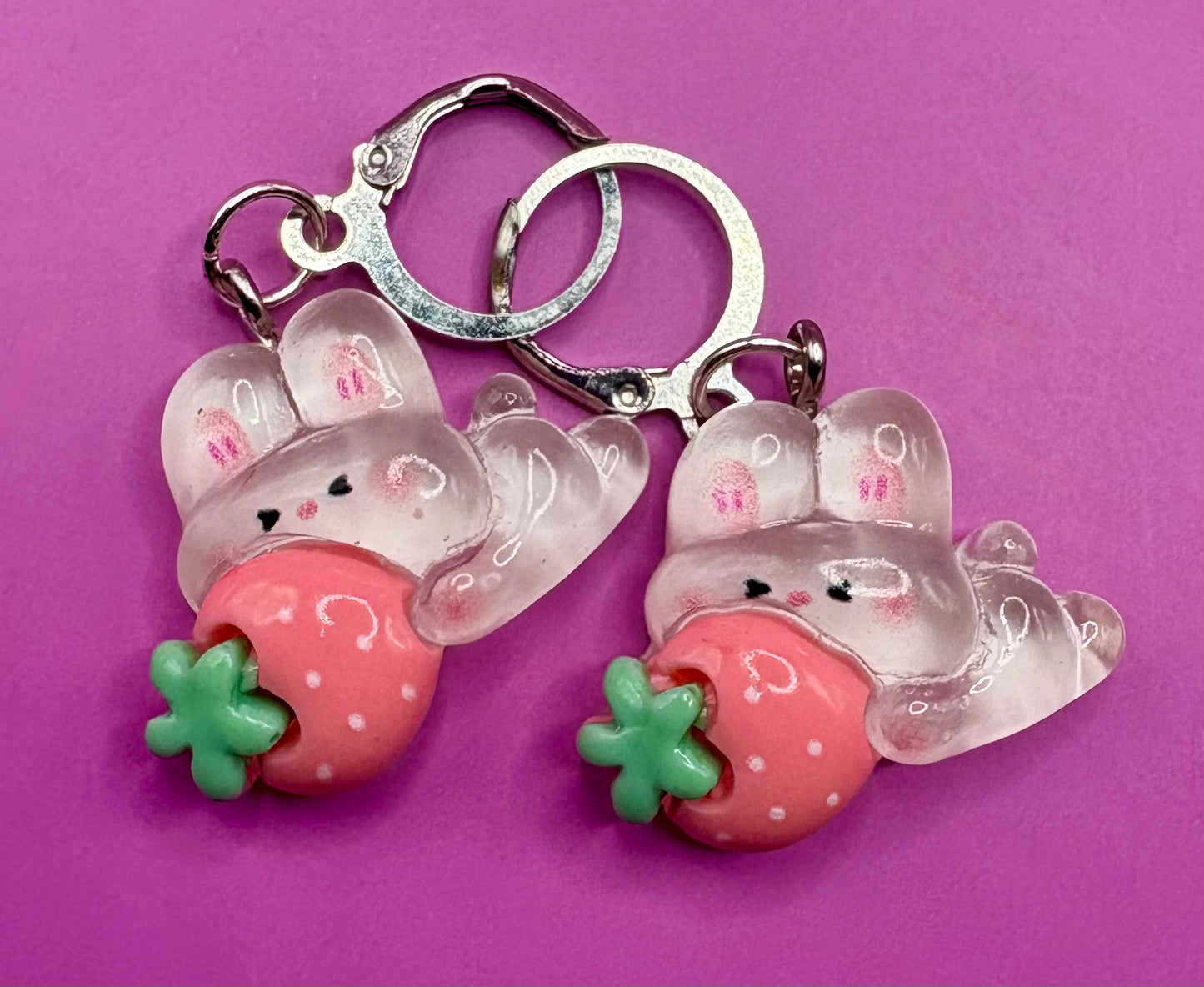 Cute Bunny Rabbit Translucent Drop Earrings with Strawberry Design - Available in Multiple Styles for Kids, Teens, and Adults - Fun Animal Cartoon Novelty Costume Jewelry