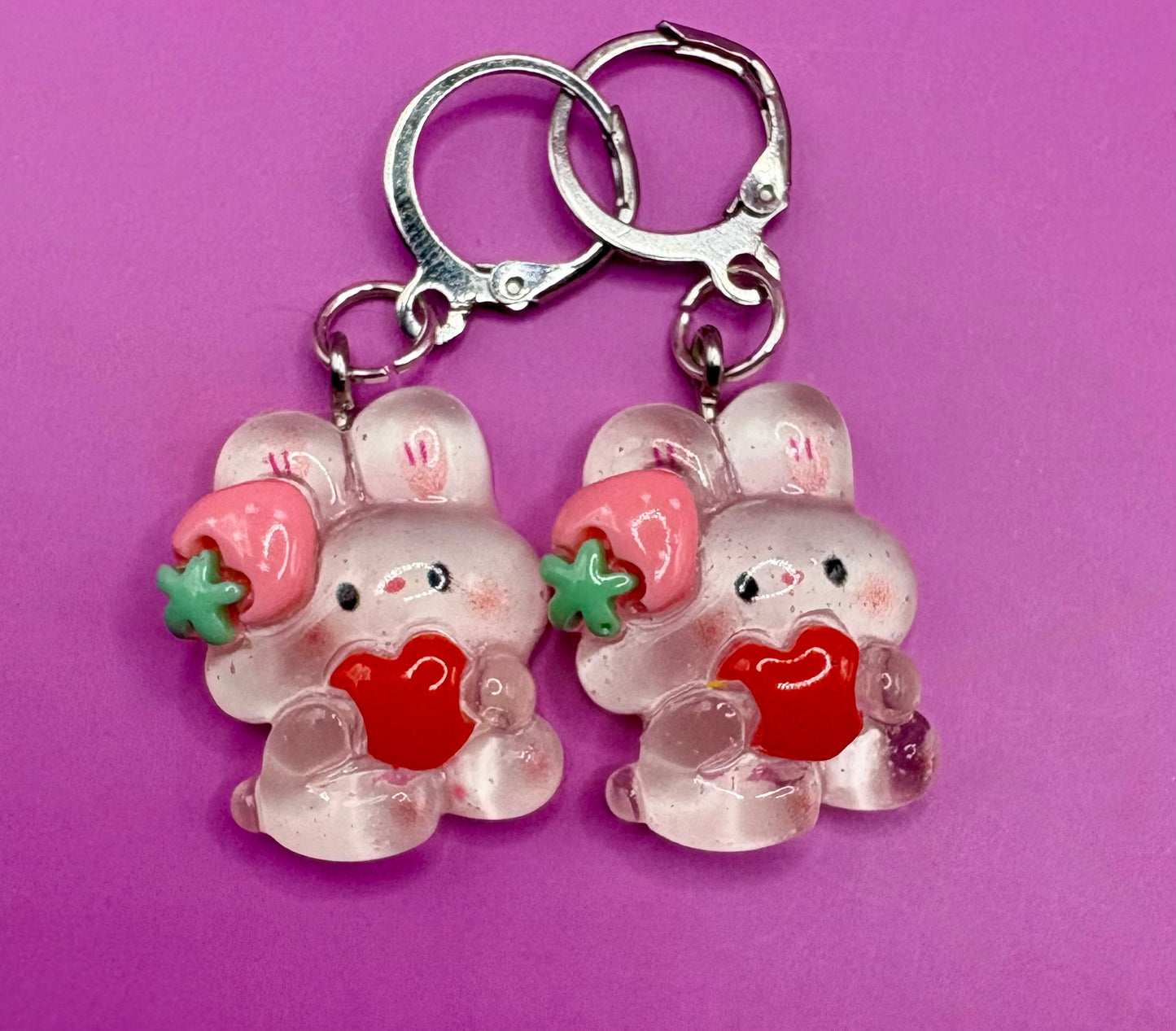 Cute Bunny Rabbit Translucent Drop Earrings with Strawberry Design - Available in Multiple Styles for Kids, Teens, and Adults - Fun Animal Cartoon Novelty Costume Jewelry