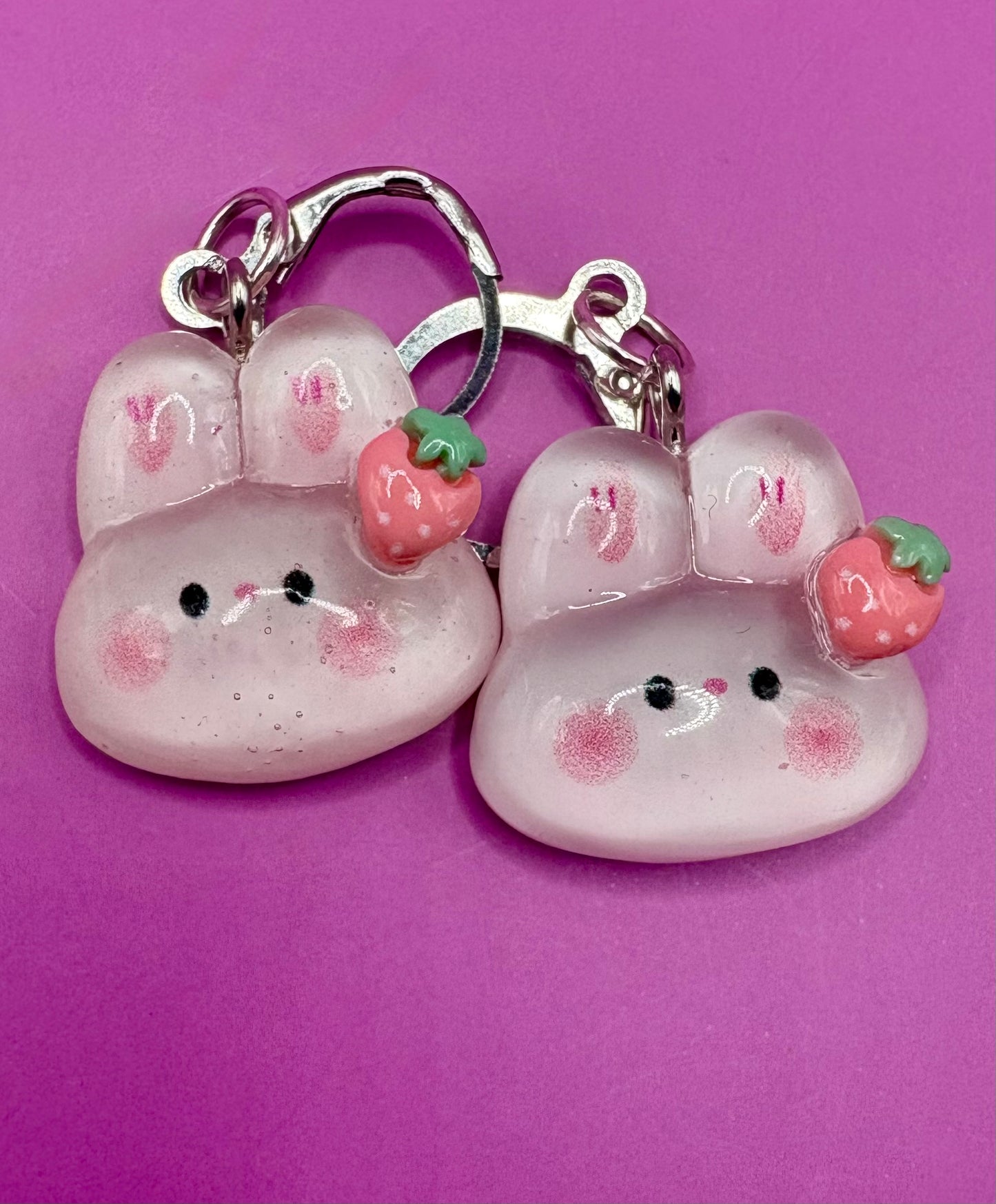 Cute Bunny Rabbit Translucent Drop Earrings with Strawberry Design - Available in Multiple Styles for Kids, Teens, and Adults - Fun Animal Cartoon Novelty Costume Jewelry