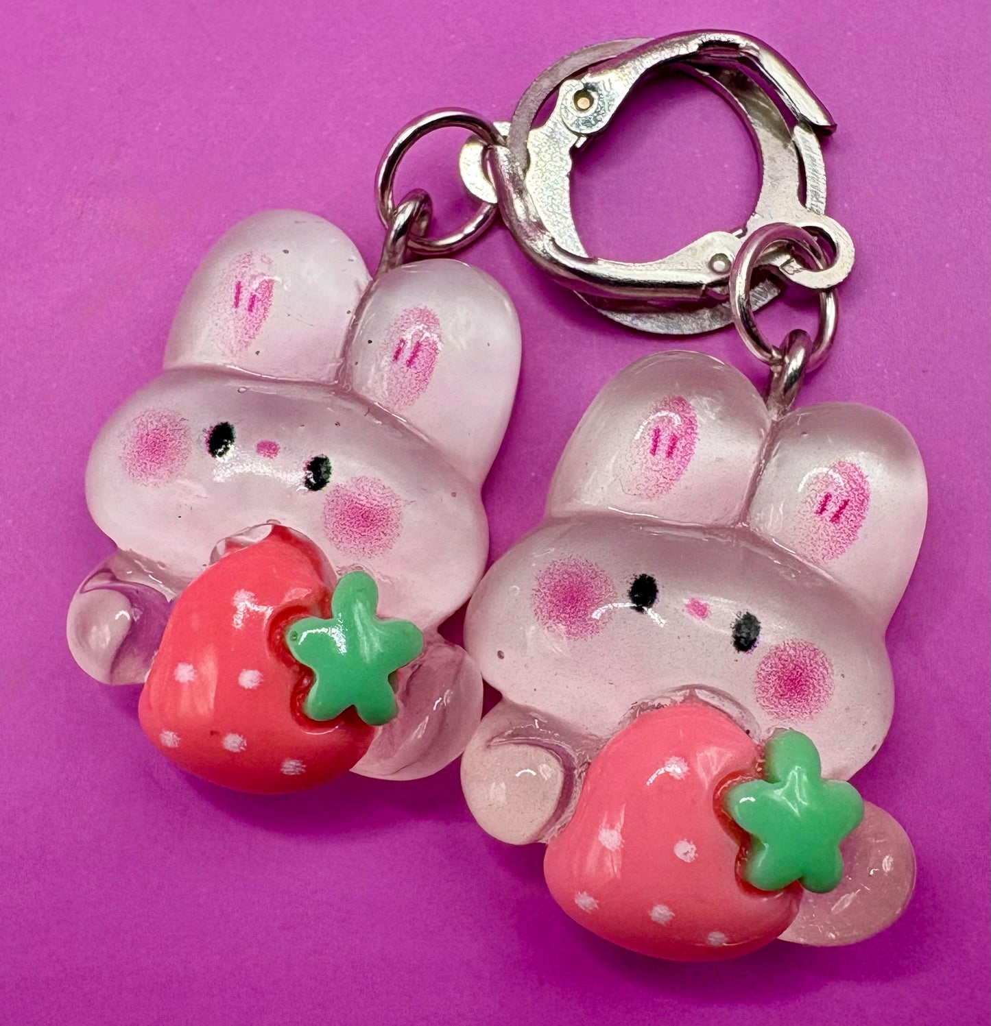 Cute Bunny Rabbit Translucent Drop Earrings with Strawberry Design - Available in Multiple Styles for Kids, Teens, and Adults - Fun Animal Cartoon Novelty Costume Jewelry