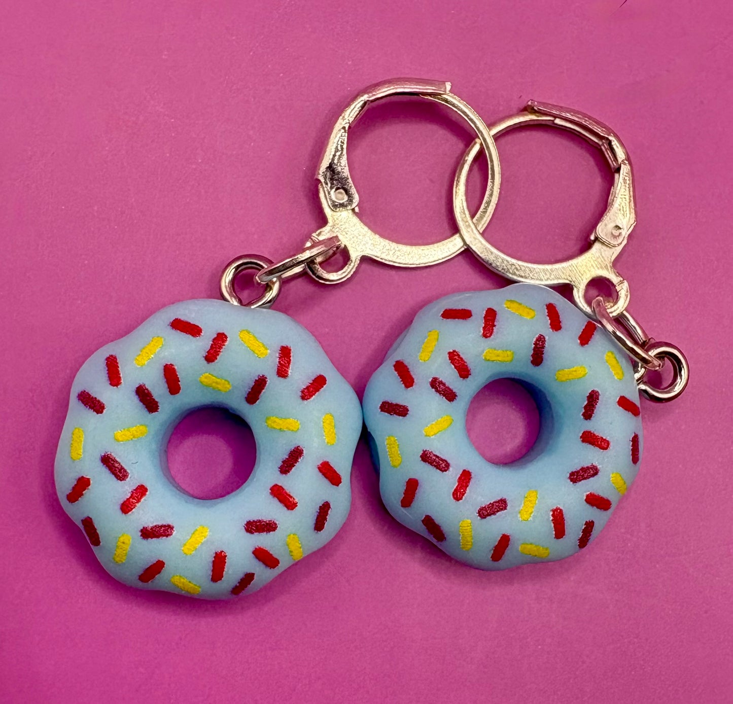Colorful Donut Dangly Drop Earrings - Available in Pink, Blue, Brown, White, and Yellow for Fun Cartoon-Style Novelty Costume Jewelry