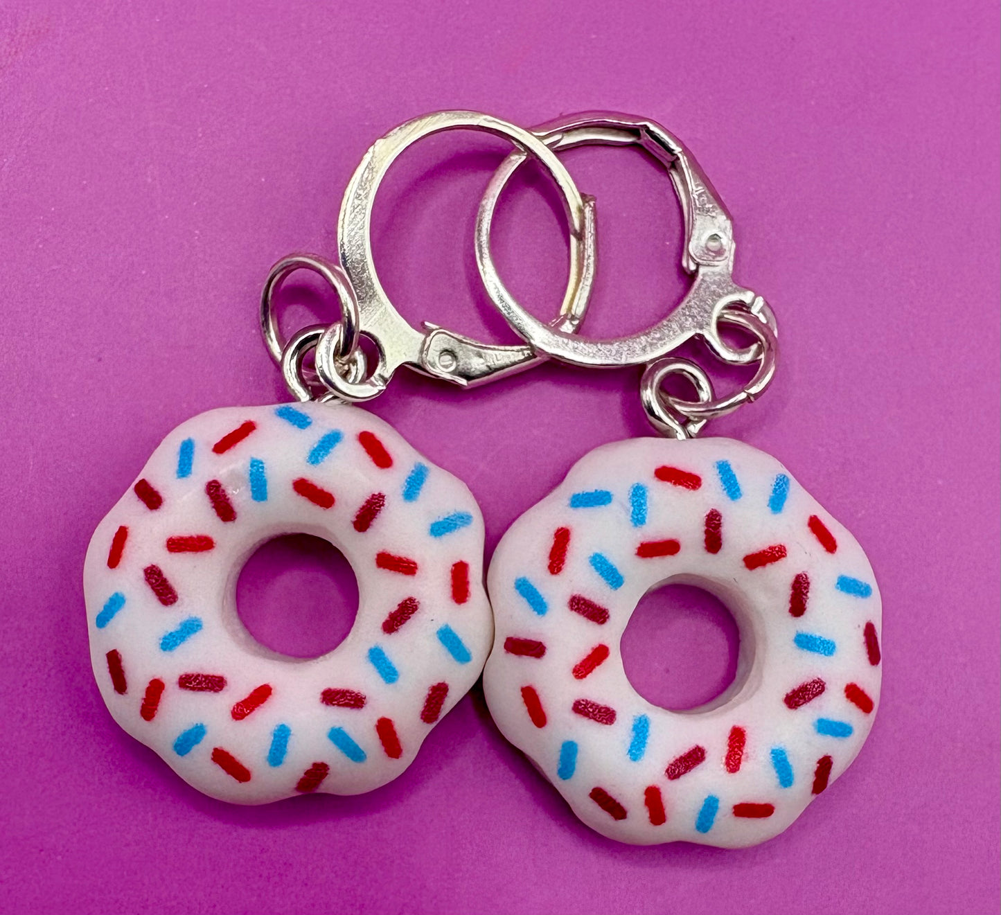 Colorful Donut Dangly Drop Earrings - Available in Pink, Blue, Brown, White, and Yellow for Fun Cartoon-Style Novelty Costume Jewelry