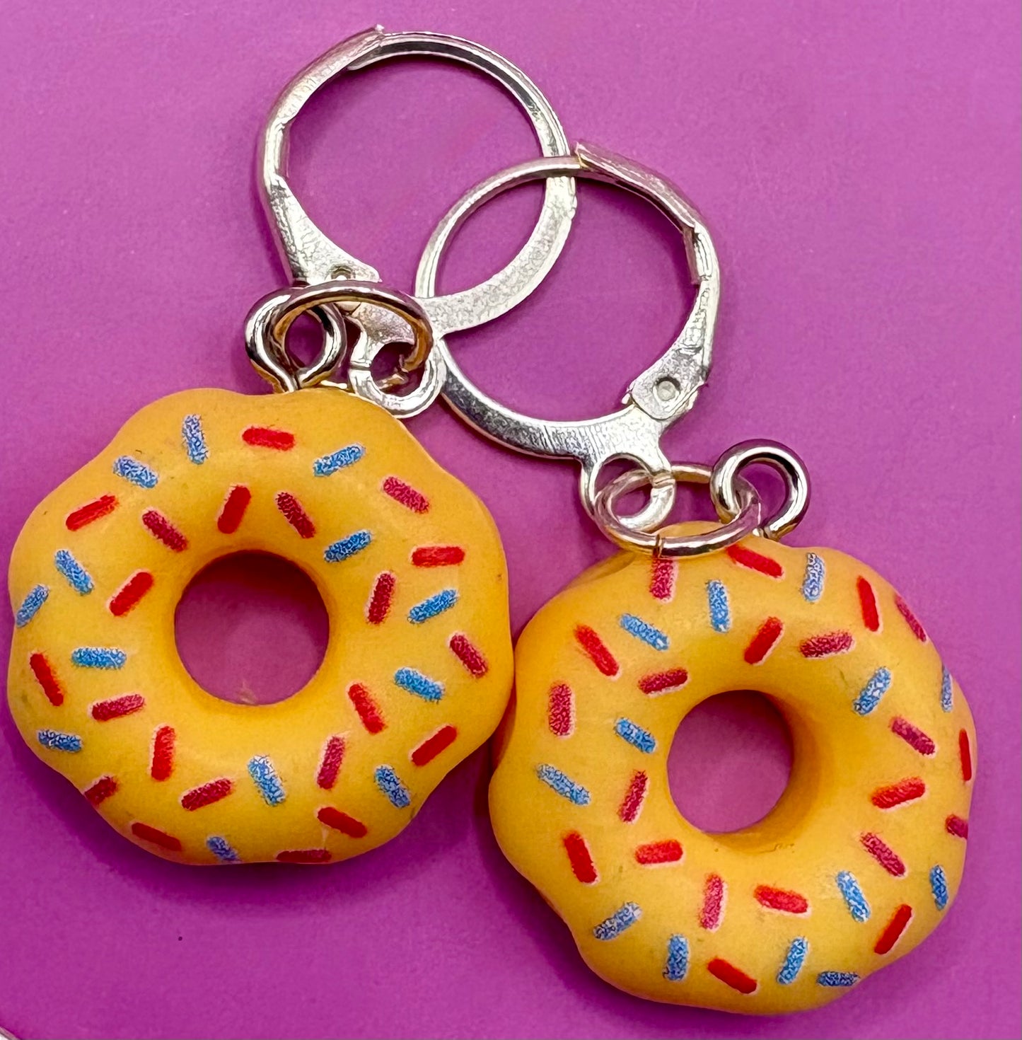 Colorful Donut Dangly Drop Earrings - Available in Pink, Blue, Brown, White, and Yellow for Fun Cartoon-Style Novelty Costume Jewelry