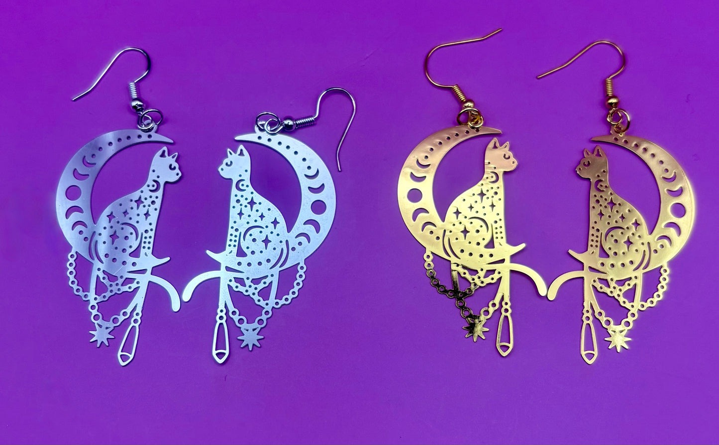 Charming cat on the moon earrings, featuring a whimsical design perfect for cat lovers, adding a playful touch to any outfit and ideal for casual or everyday wear.