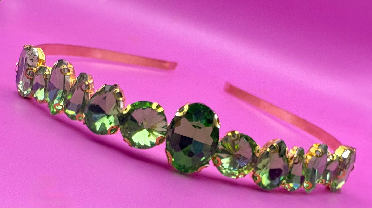 Hand-decorated maximum comfort headband adorned with glass rhinestones, ideal for evening events and formal occasions, showcasing exquisite craftsmanship and luxurious style.