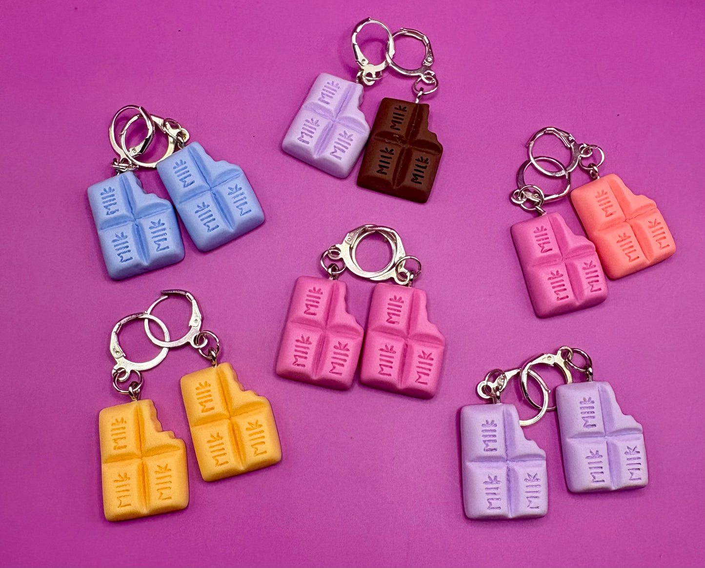Colorful Chocolate Dangly Drop Earrings - Available in Pink, Blue, Brown, and Purple for a Whimsical Cartoon-Style Novelty Costume Jewelry