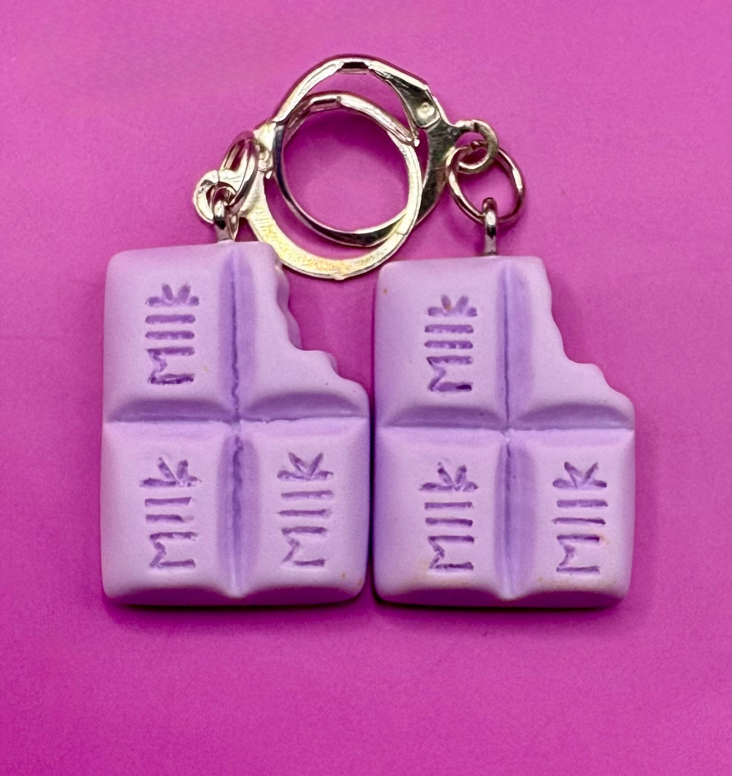 Colorful Chocolate Dangly Drop Earrings - Available in Pink, Blue, Brown, and Purple for a Whimsical Cartoon-Style Novelty Costume Jewelry
