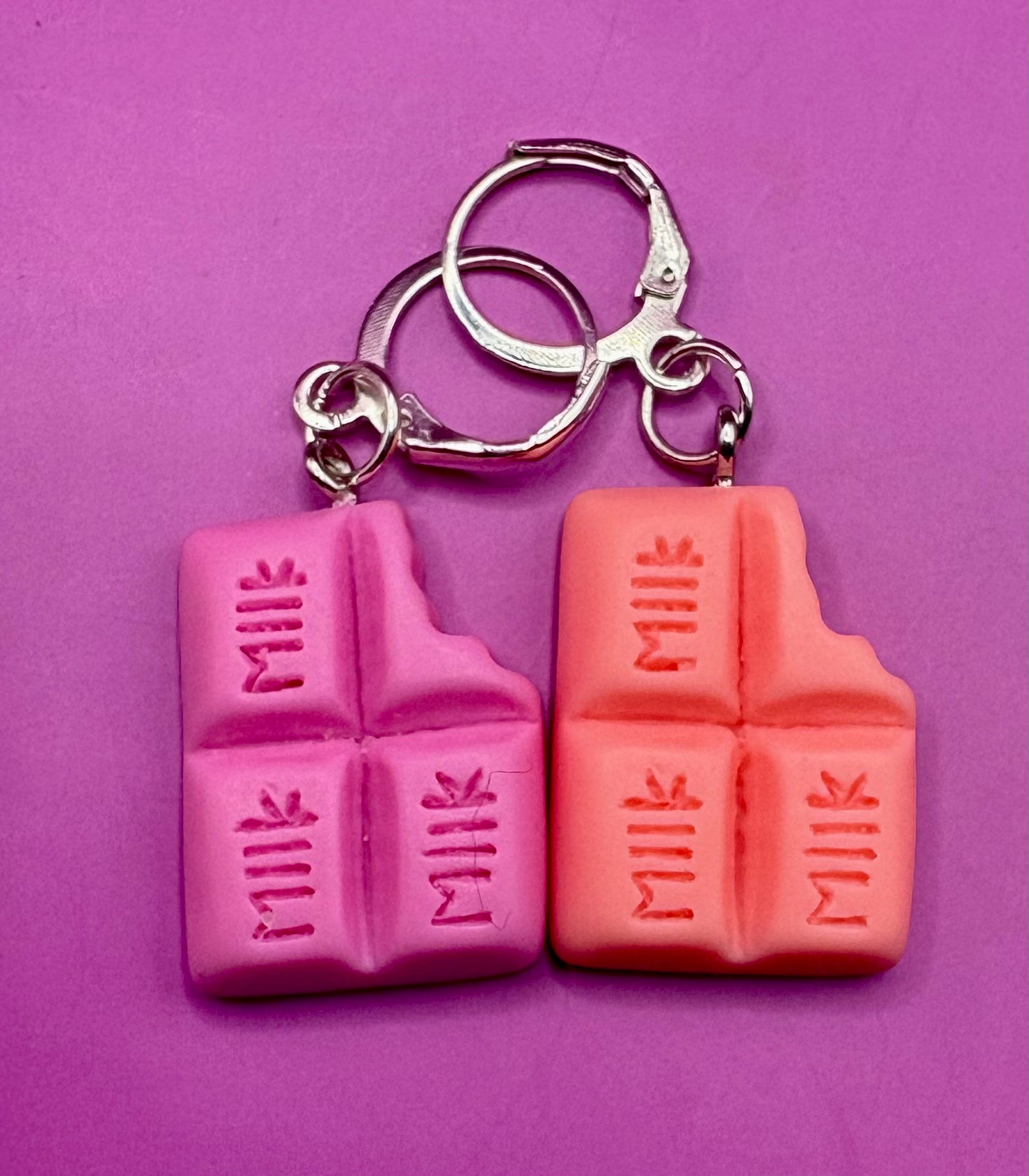 Colorful Chocolate Dangly Drop Earrings - Available in Pink, Blue, Brown, and Purple for a Whimsical Cartoon-Style Novelty Costume Jewelry