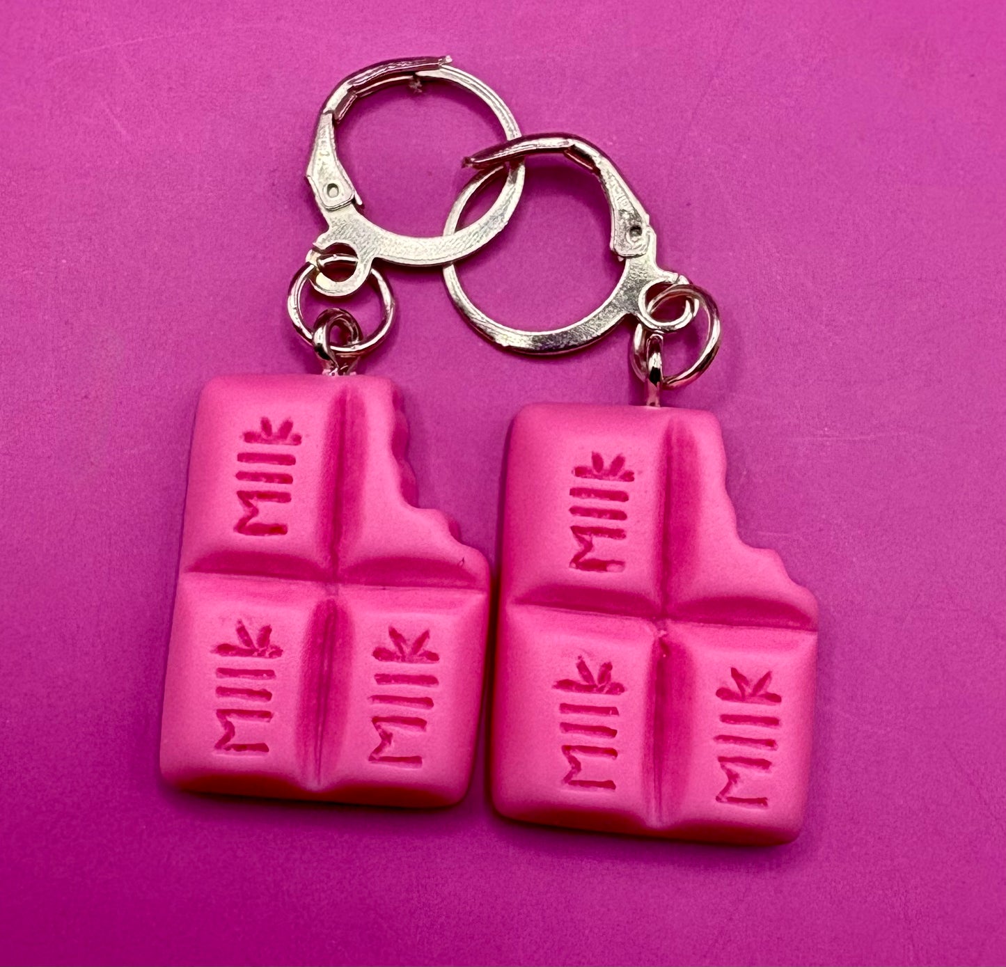Colorful Chocolate Dangly Drop Earrings - Available in Pink, Blue, Brown, and Purple for a Whimsical Cartoon-Style Novelty Costume Jewelry