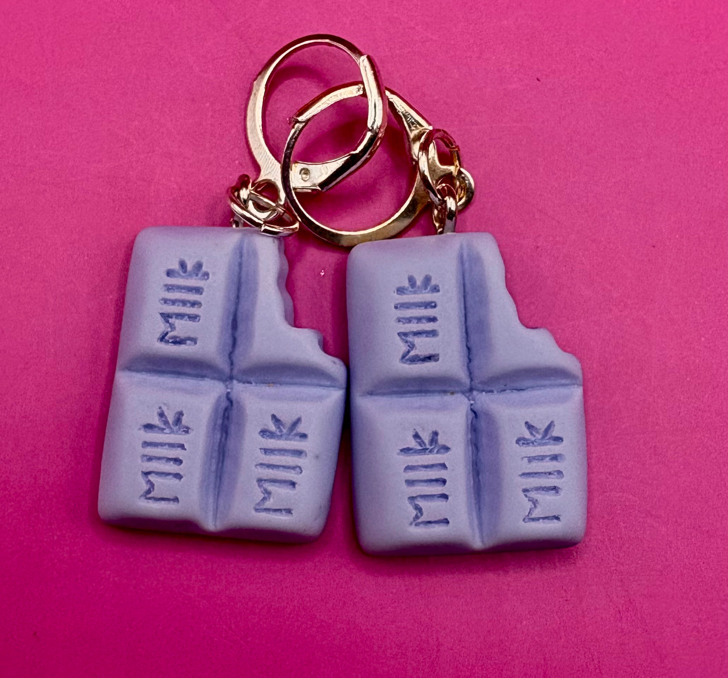 Colorful Chocolate Dangly Drop Earrings - Available in Pink, Blue, Brown, and Purple for a Whimsical Cartoon-Style Novelty Costume Jewelry