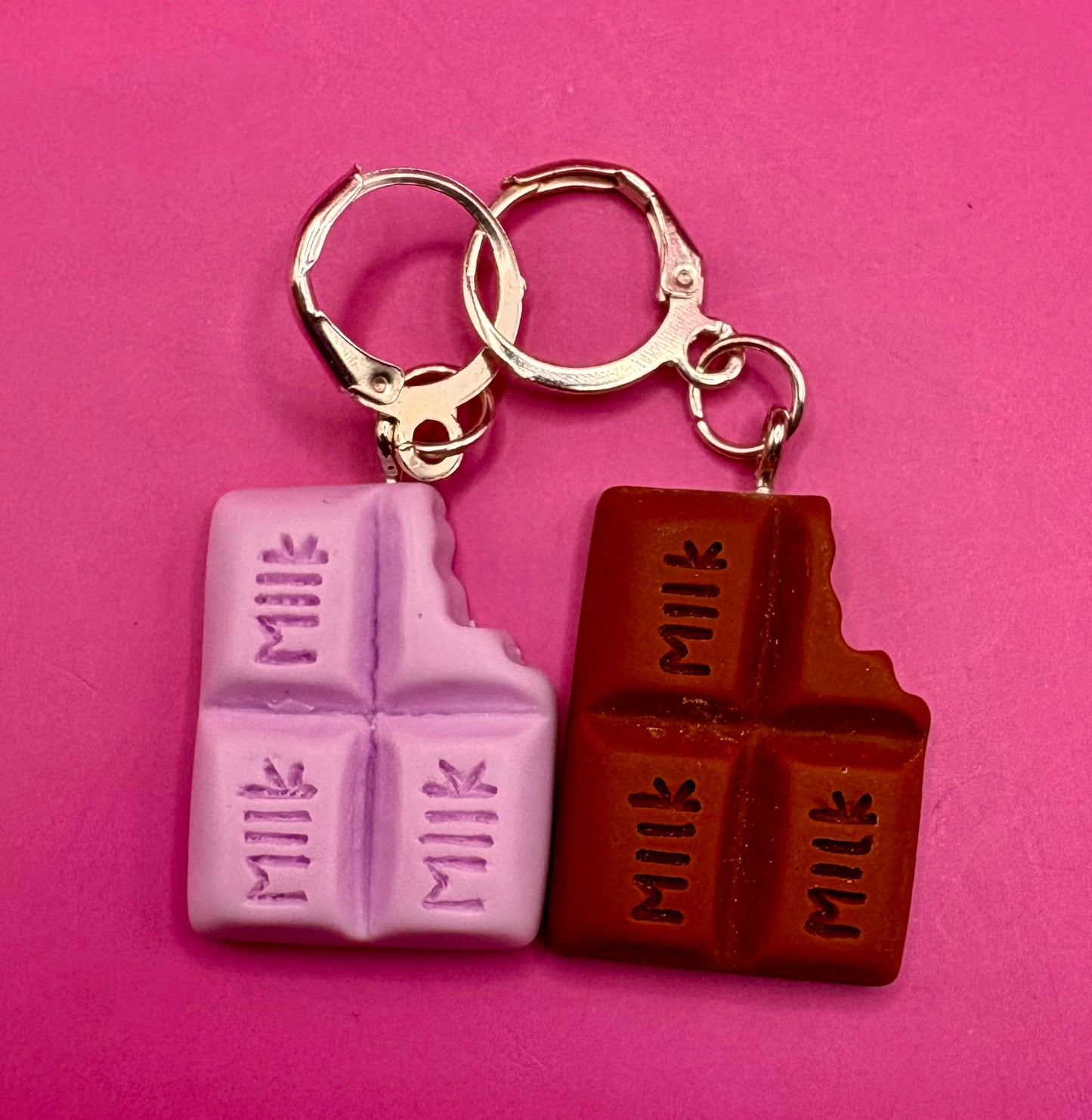 Colorful Chocolate Dangly Drop Earrings - Available in Pink, Blue, Brown, and Purple for a Whimsical Cartoon-Style Novelty Costume Jewelry