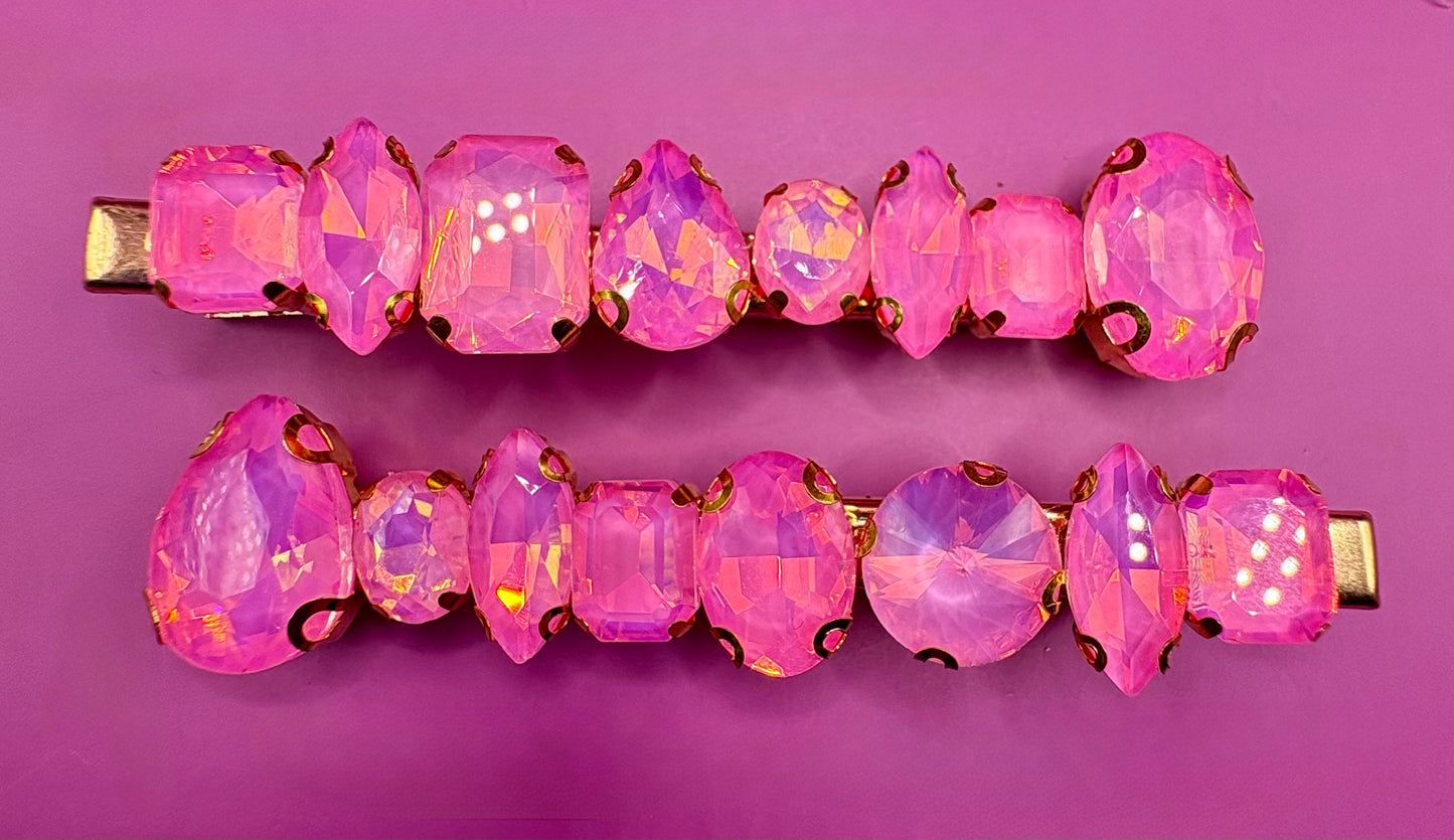 Stylish pair of large neon pastel gemstone hair slides designed for fashion-forward hairstyles, perfect for adding a statement touch to any look.