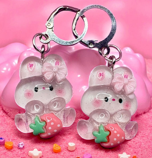 Bunny rabbit translucent earrings strawberry  in multiple styles Kids teen adult animal cartoon