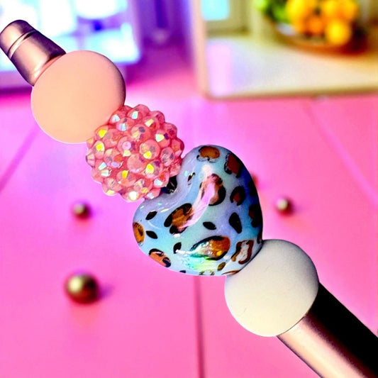 black ballpoint pen with colourful bead accents. stationery lovers Leopard print hearts and bows.