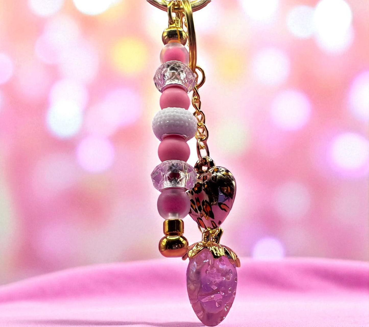 beaded keyring keychain leopard heart pendant and strawberry pendant pink beads