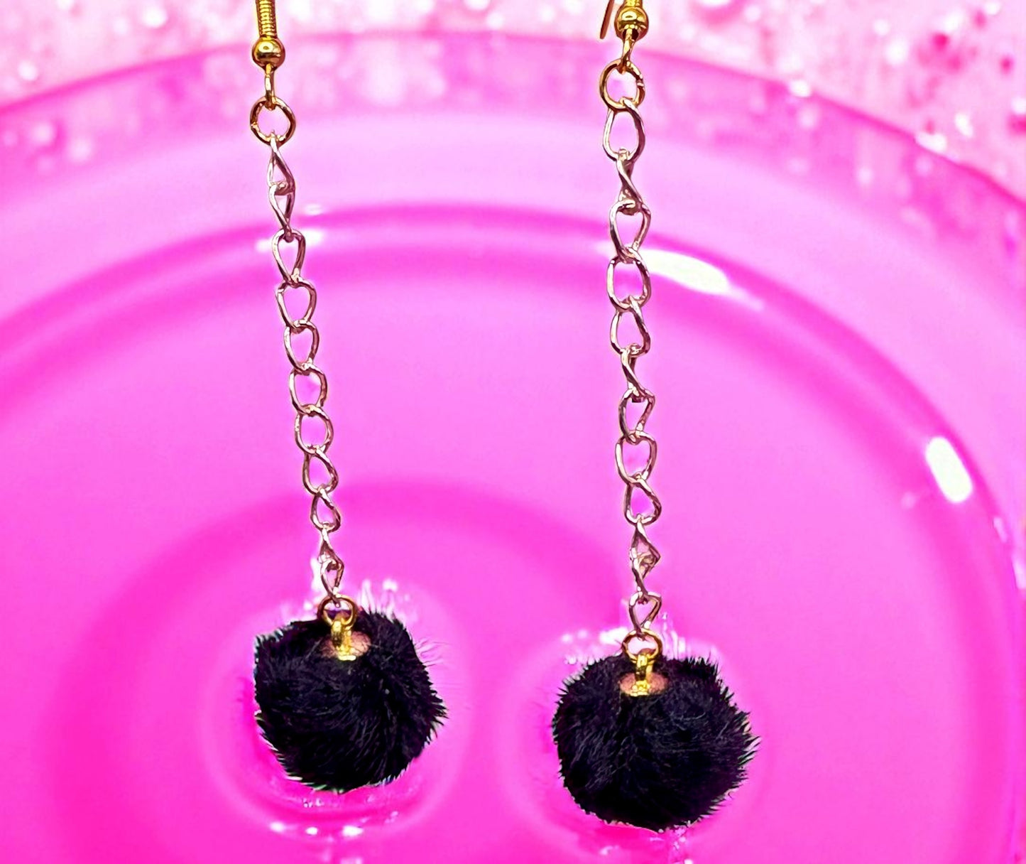 Long fluffy pom pom dangly drop earrings Handmade costume jewellery gold with rose gold chain