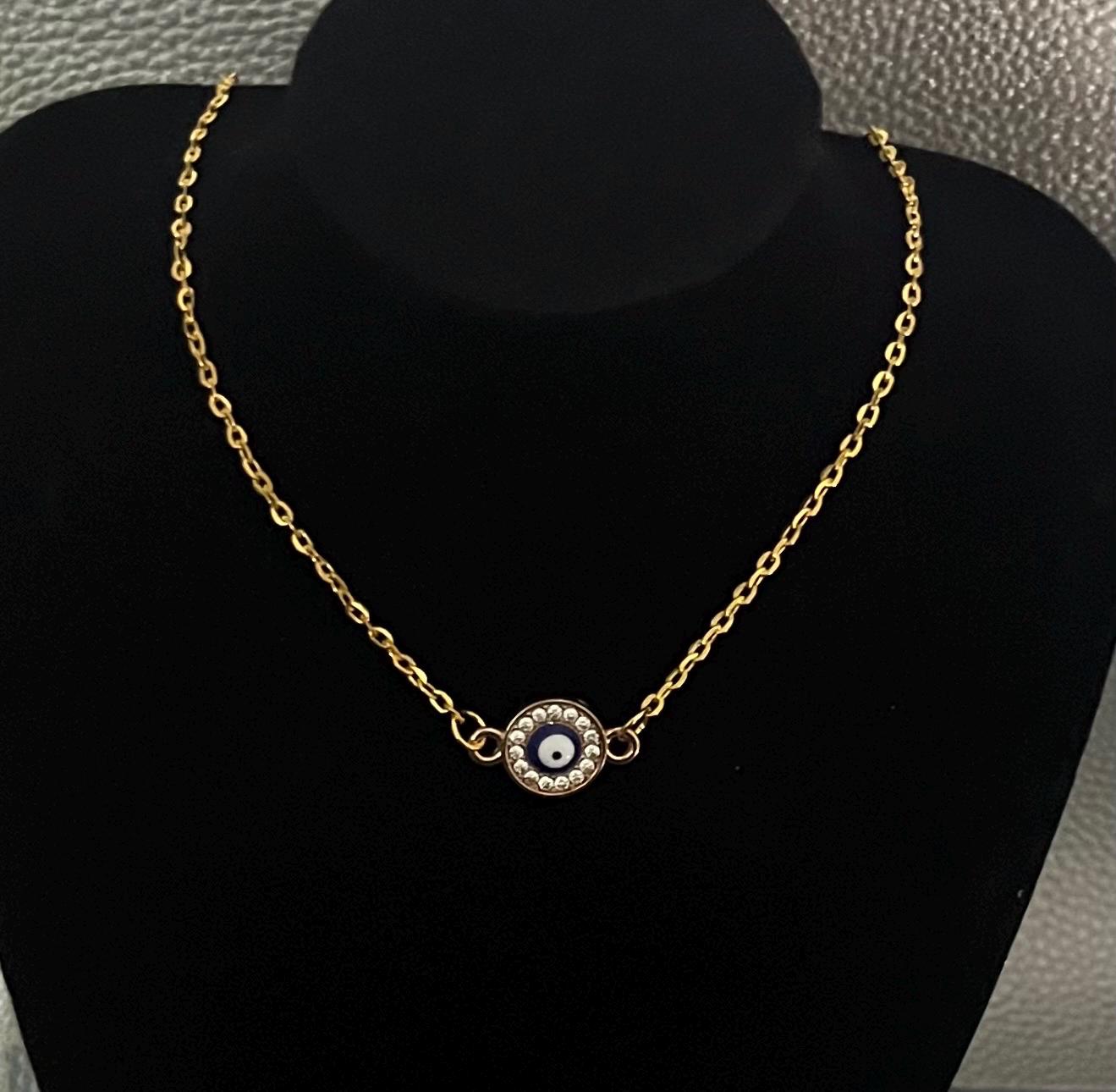 Circular diamanté evil eye necklace- colour gold