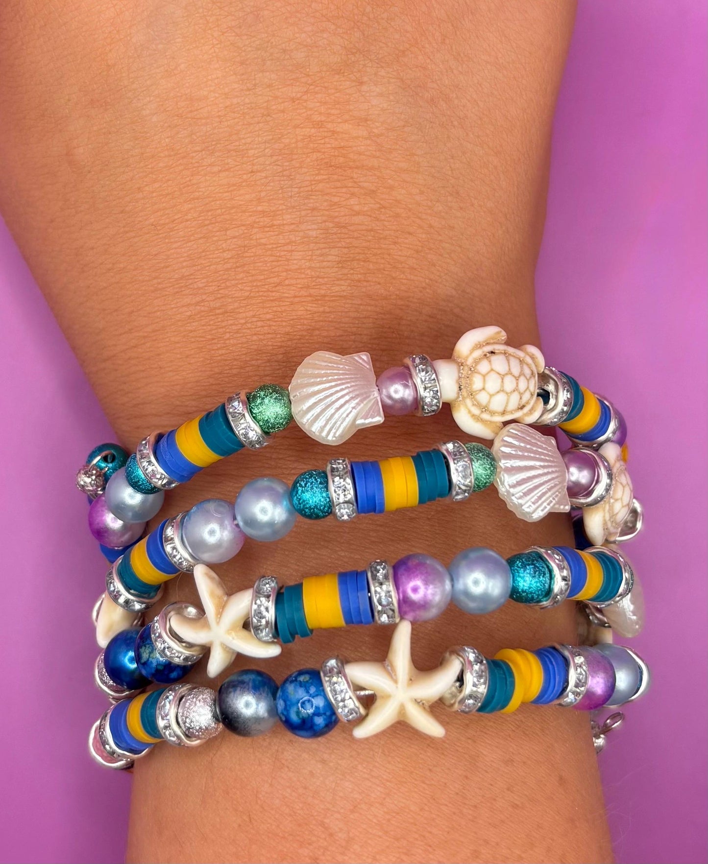 handmade beaded charm wraparound bracelet Ocean Inspired Bracelets – Coastal Summer colourful sea turtles