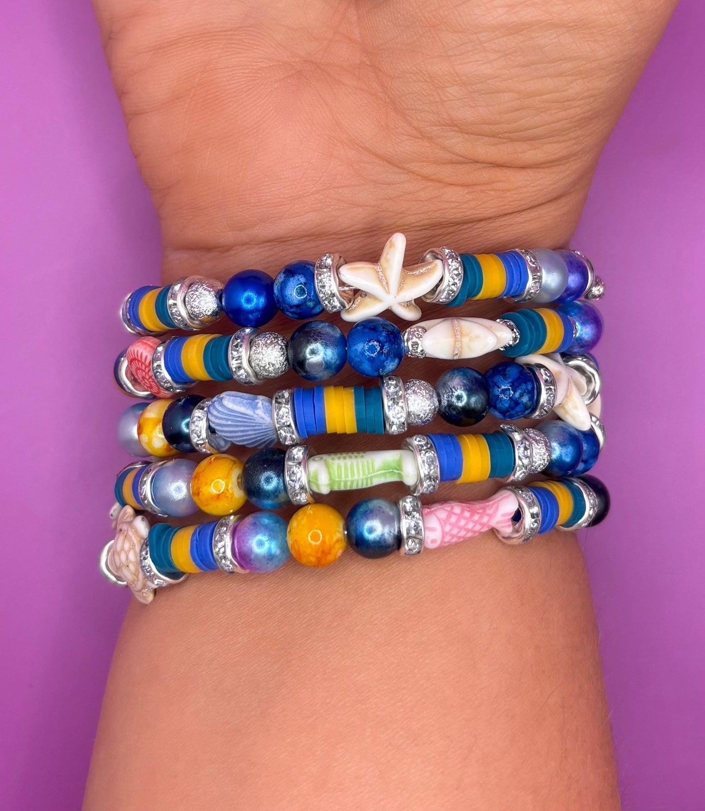 handmade beaded charm wraparound bracelet Handmade Ocean Inspired Bracelets – Coastal Jewelry for Summer one size colourful sea turtles