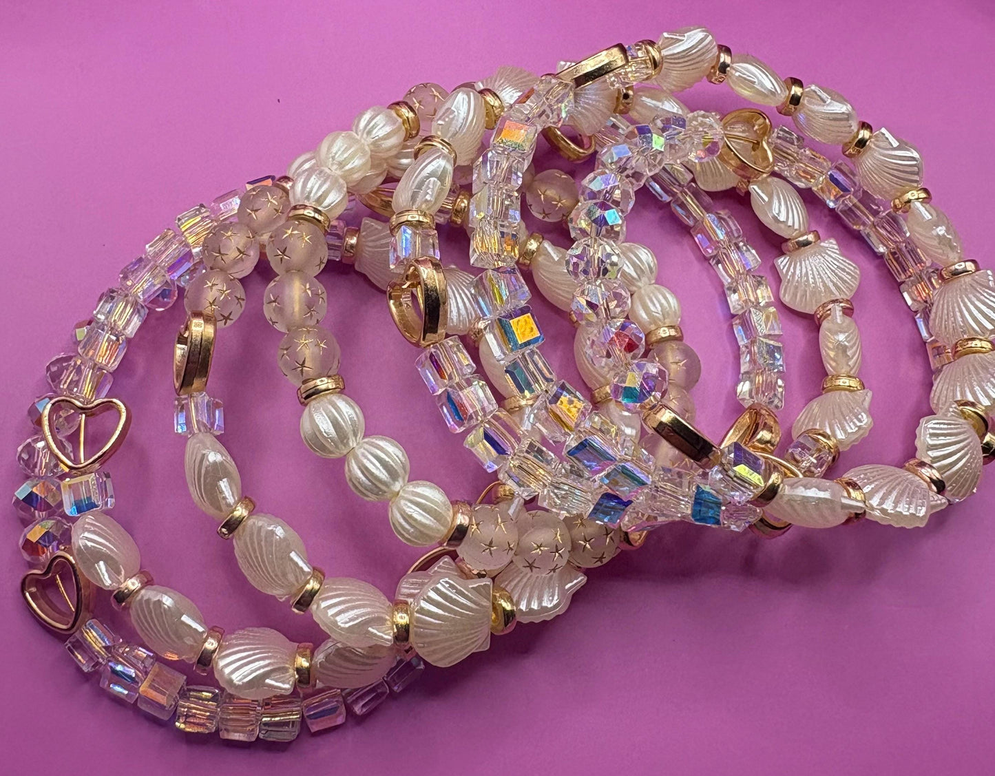 Boho Mermaid Bracelet wraparound Stack | Seashell & Star Beaded Bracelets | Crystal Heart Stretch Bracelet Set | Festival Jewelry Gift