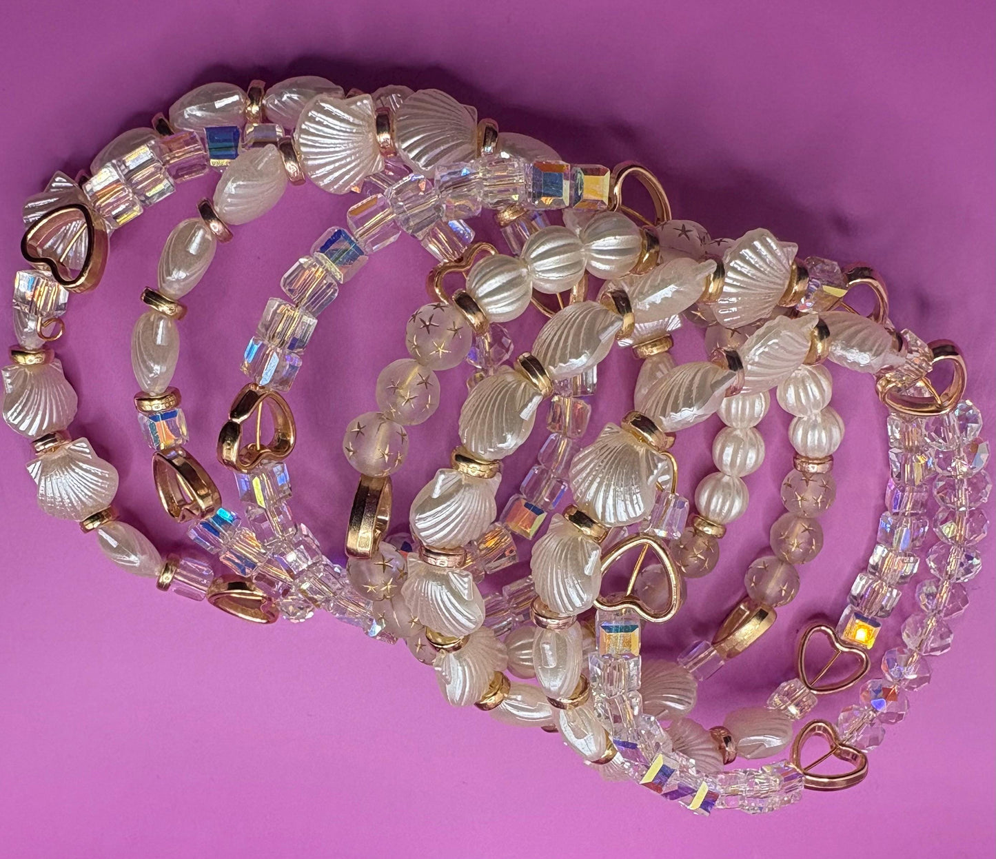 Boho Mermaid Bracelet wraparound Stack | Seashell & Star Beaded Bracelets | Crystal Heart Stretch Bracelet Set | Festival Jewelry Gift