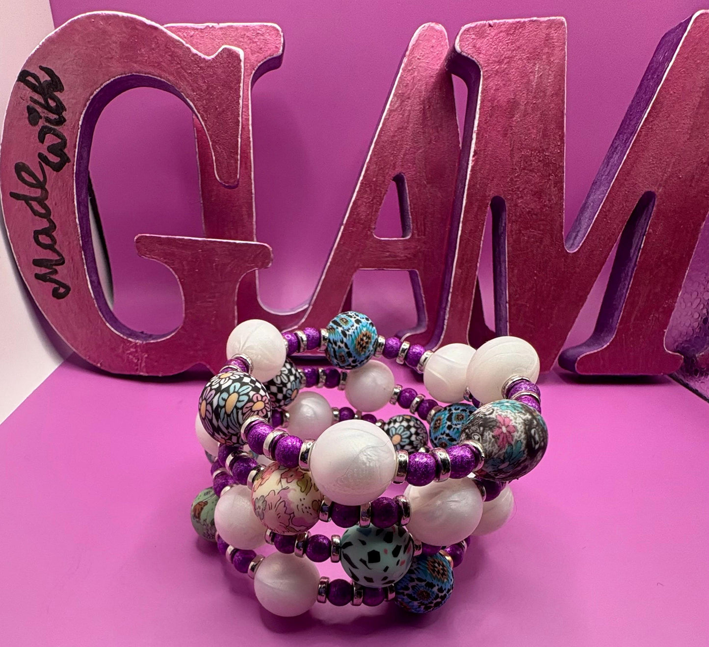 Colorful Beaded Stretch Bracelet | Handmade Boho Statement Jewelry | Bold & Playful Beaded Wrap Bracelet | Gift for Her purple silver