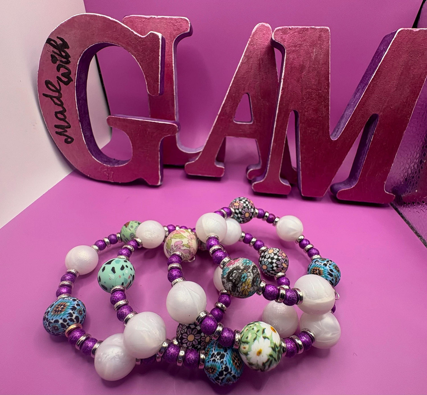 Colorful Beaded Stretch Bracelet | Handmade Boho Statement Jewelry | Bold & Playful Beaded Wrap Bracelet | Gift for Her purple silver