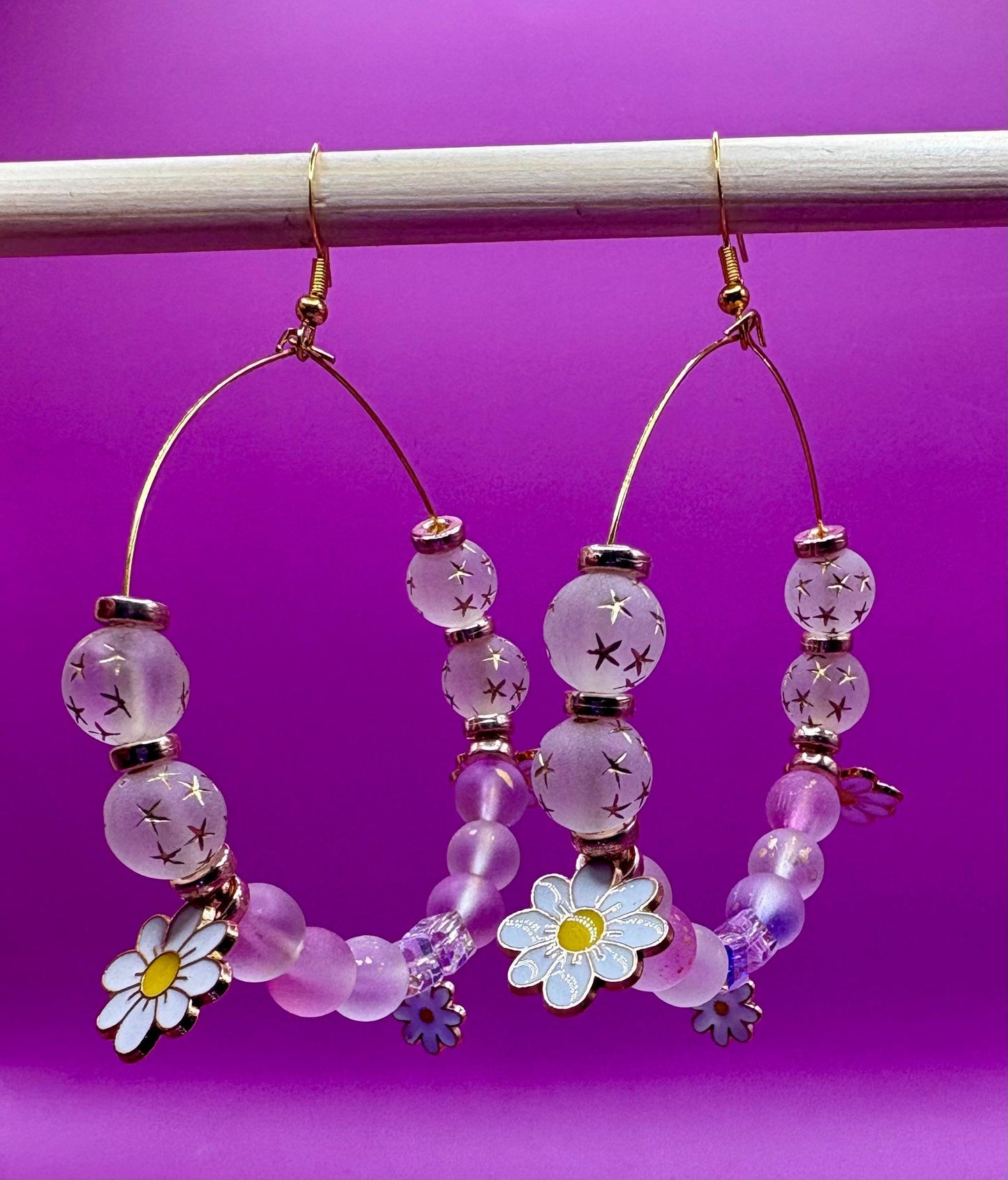 Handmade beaded hoop earrings- Daisy gold pendant glass bead large hoops metallic beads gold spacers unique summer festival earrings