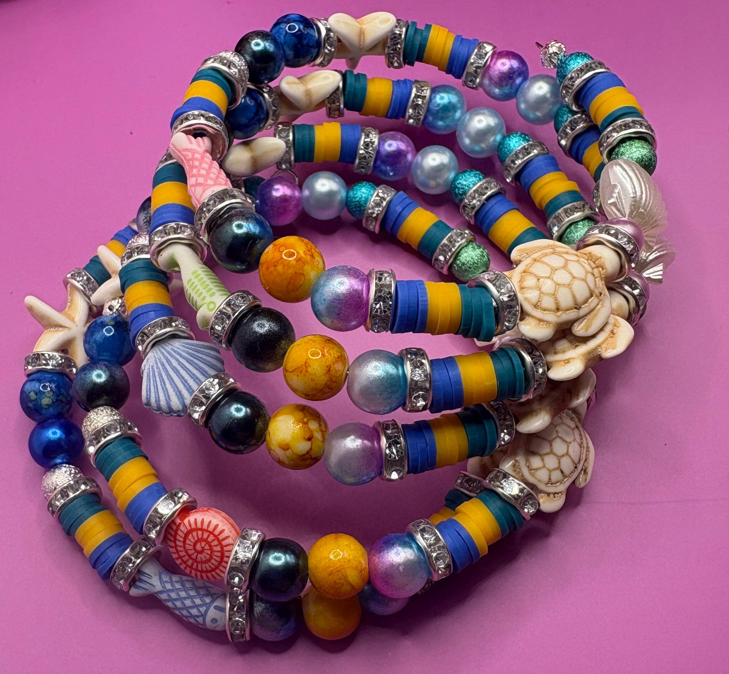 handmade beaded charm wraparound bracelet Handmade Ocean Inspired Bracelets – Coastal Jewelry for Summer one size colourful sea turtles