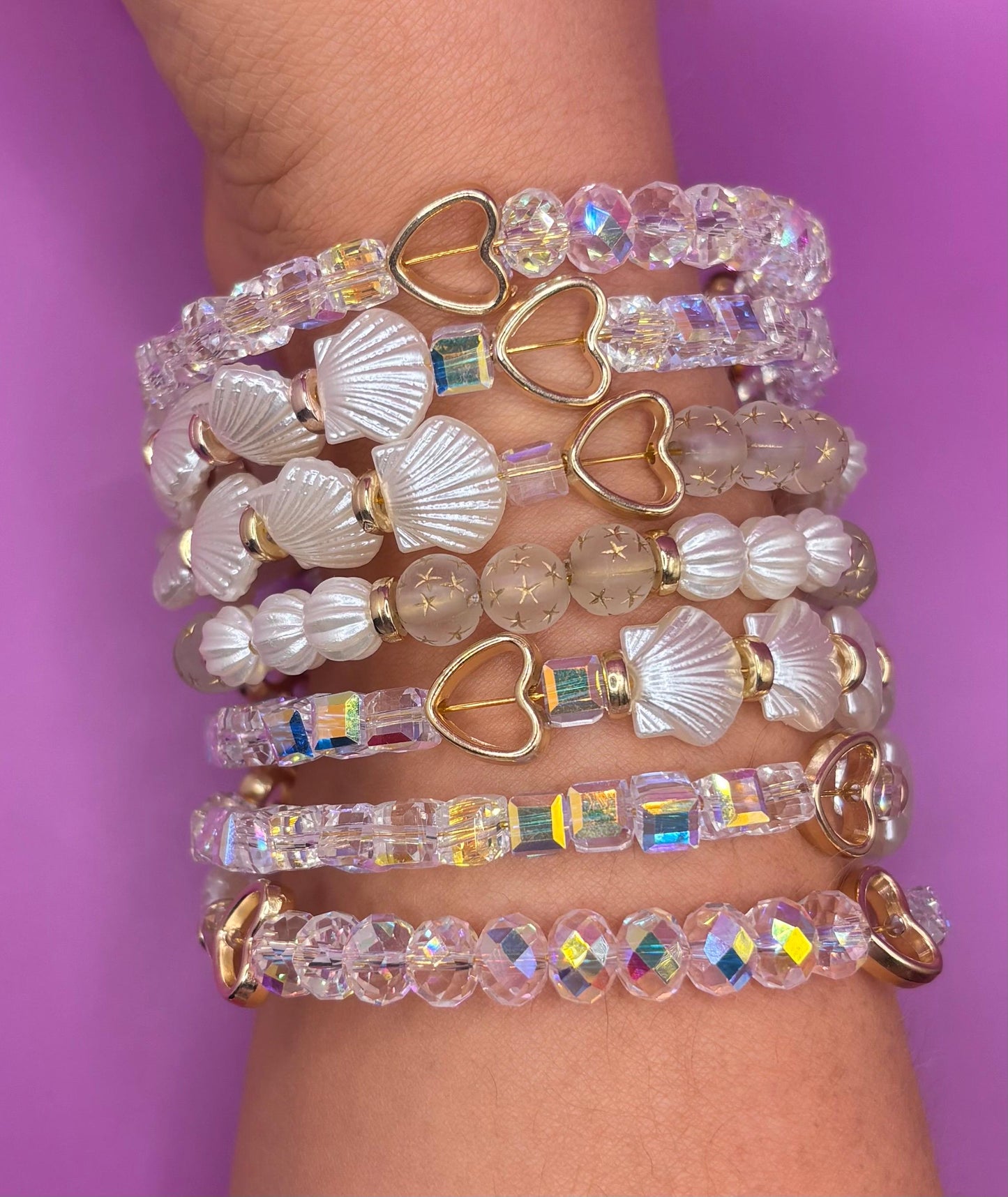 Boho Mermaid Bracelet wraparound Stack | Seashell & Star Beaded Bracelets | Crystal Heart Stretch Bracelet Set | Festival Jewelry Gift