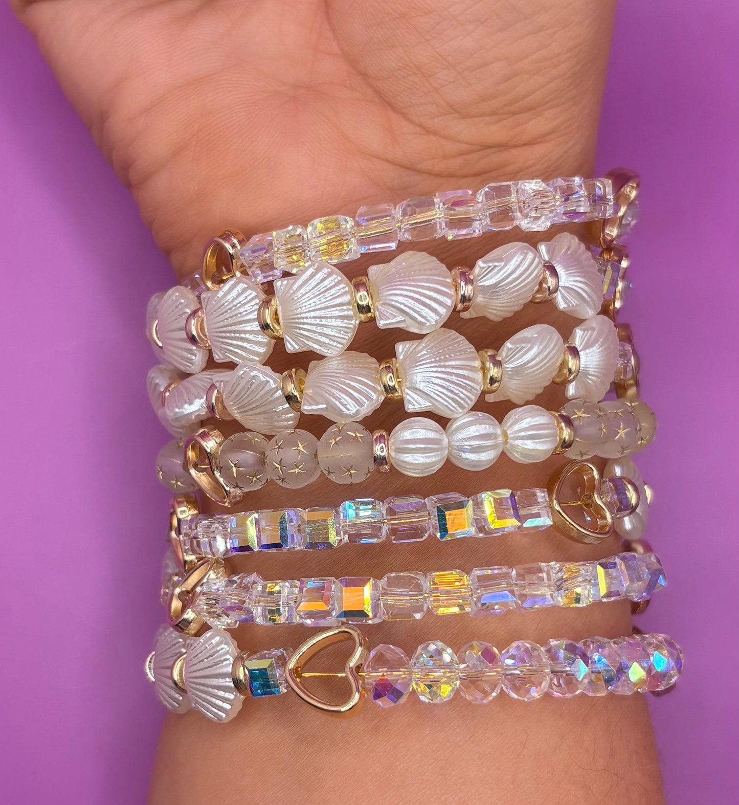 Boho Mermaid Bracelet wraparound Stack | Seashell & Star Beaded Bracelets | Crystal Heart Stretch Bracelet Set | Festival Jewelry Gift