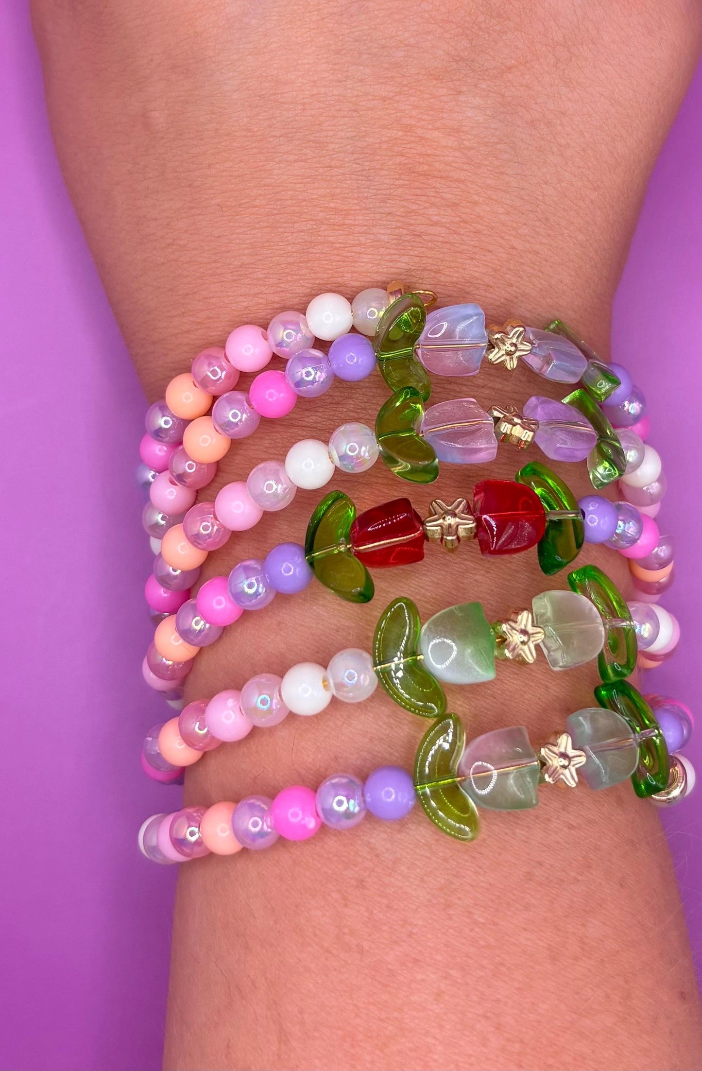 Pastel Resin Bead Bracelet – Handmade Stretch Bracelet with Kawaii Flower Bead Bracelet – Handmade Pastel Spring Accessory tulips summer