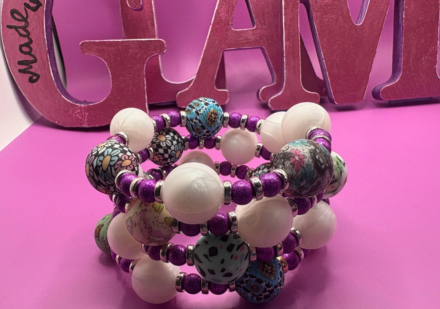 Colorful Beaded Stretch Bracelet | Handmade Boho Statement Jewelry | Bold & Playful Beaded Wrap Bracelet | Gift for Her purple silver