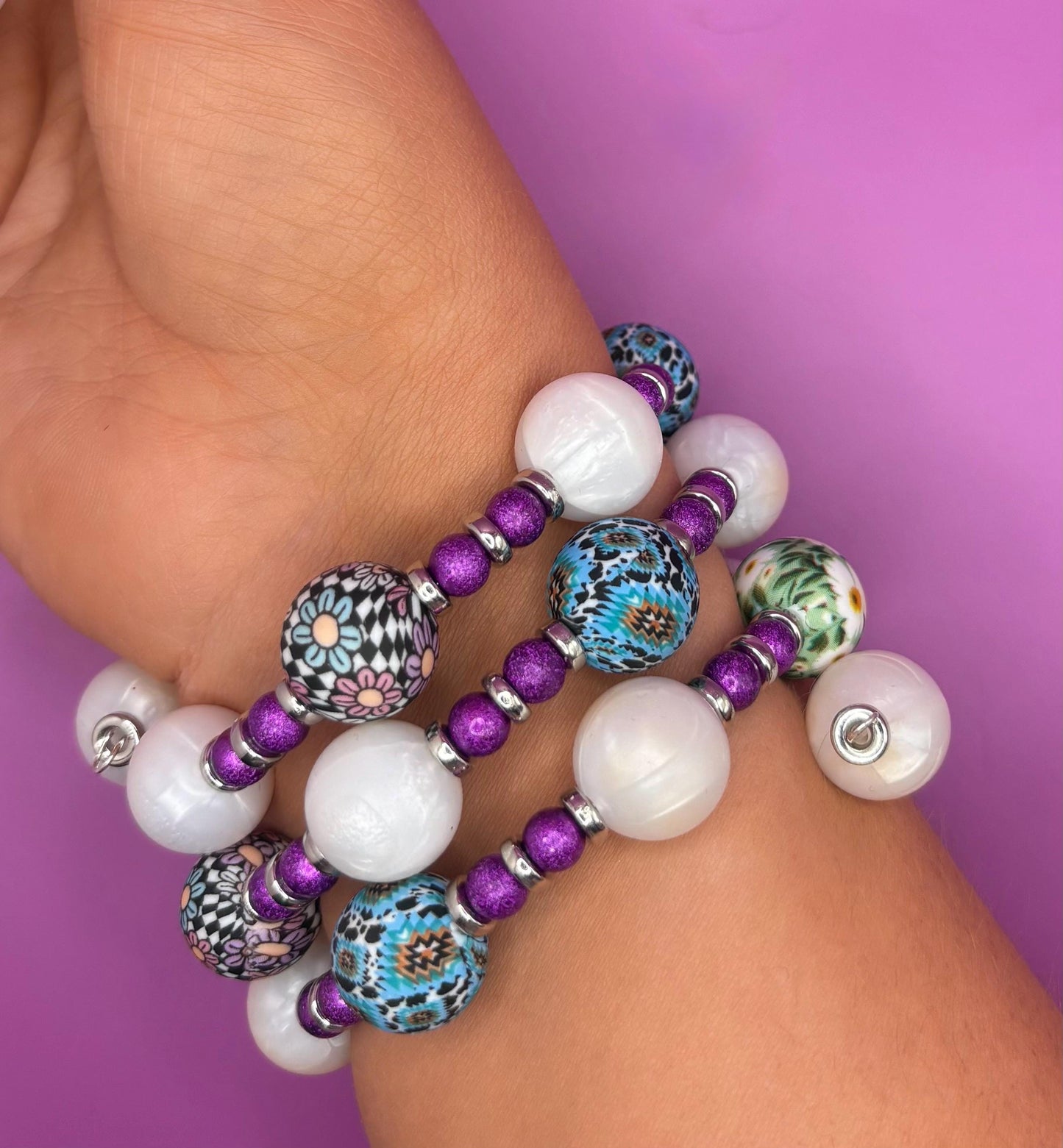 Colorful Beaded Stretch Bracelet | Handmade Boho Statement Jewelry | Bold & Playful Beaded Wrap Bracelet | Gift for Her purple silver