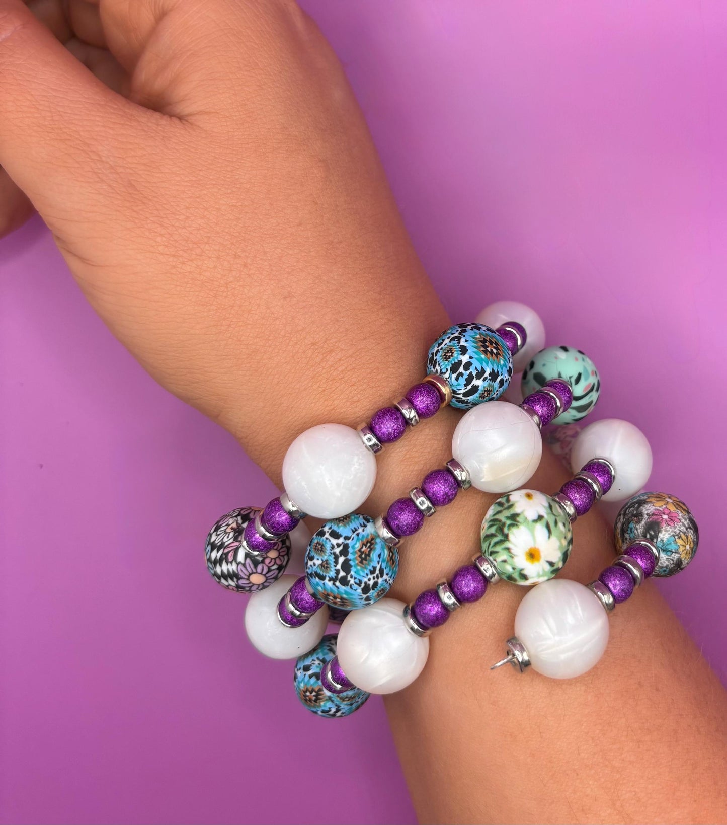 Colorful Beaded Stretch Bracelet | Handmade Boho Statement Jewelry | Bold & Playful Beaded Wrap Bracelet | Gift for Her purple silver