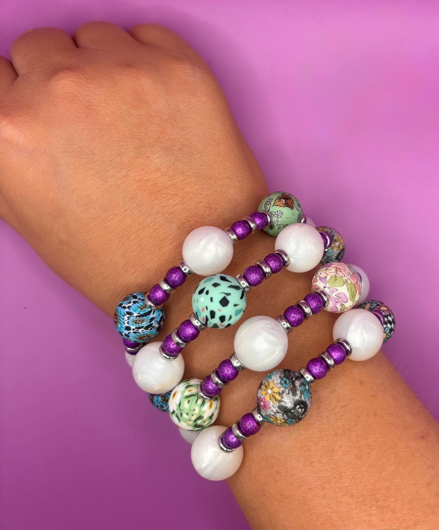 Colorful Beaded Stretch Bracelet | Handmade Boho Statement Jewelry | Bold & Playful Beaded Wrap Bracelet | Gift for Her purple silver