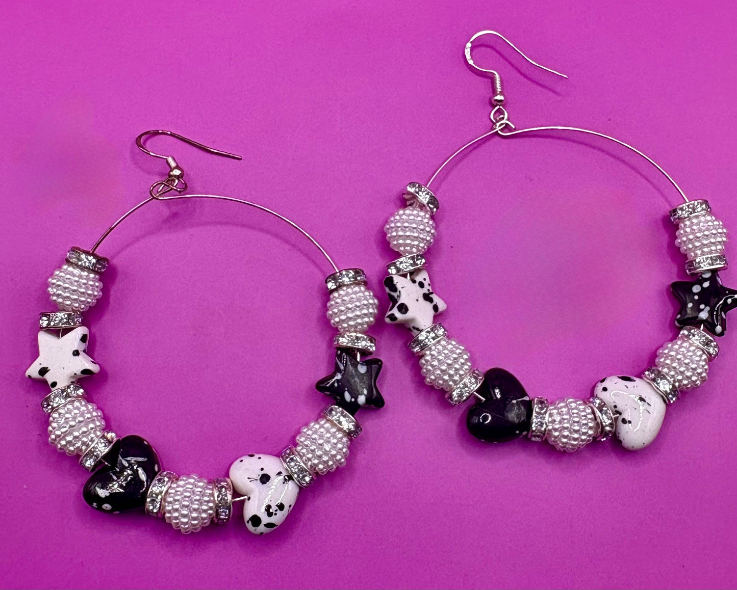 Handmade beaded hoop earrings- black white silver heart and star large hoops clay beads marble beads spacers unique festival earrings