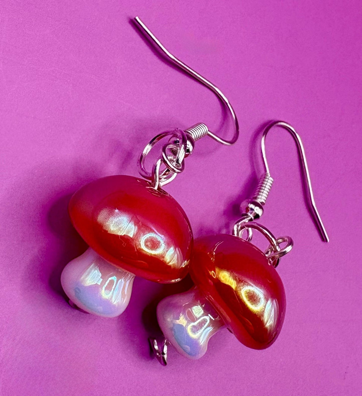 Cute little mushroom toadstool fairy neverland style earrings, dangly drop earrings