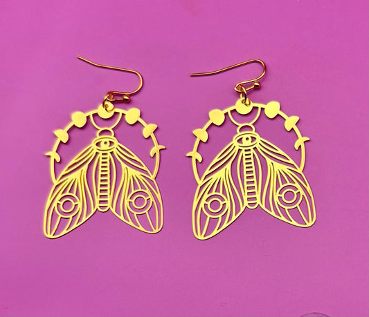 Moth dangly earrings- colour gold
