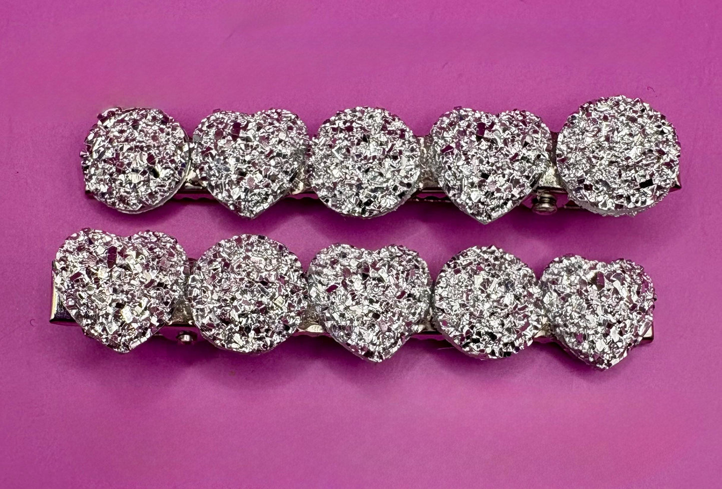 Heart, circular glitter sparkly small hair slides sliver fashion hair clip Christmas 6cm. Sold as pairs