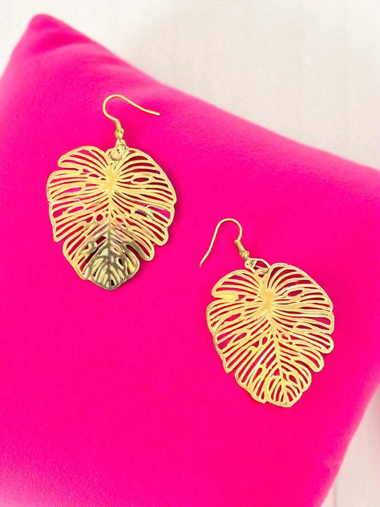 Tropical Gold Monstera Leaf Earrings – Boho Statement Jewelry