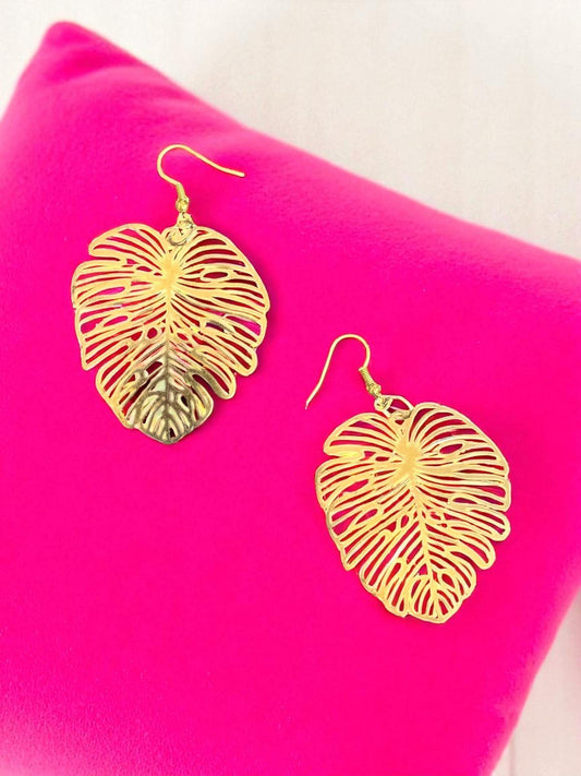 Tropical Gold Monstera Leaf Earrings – Boho Statement Jewelry