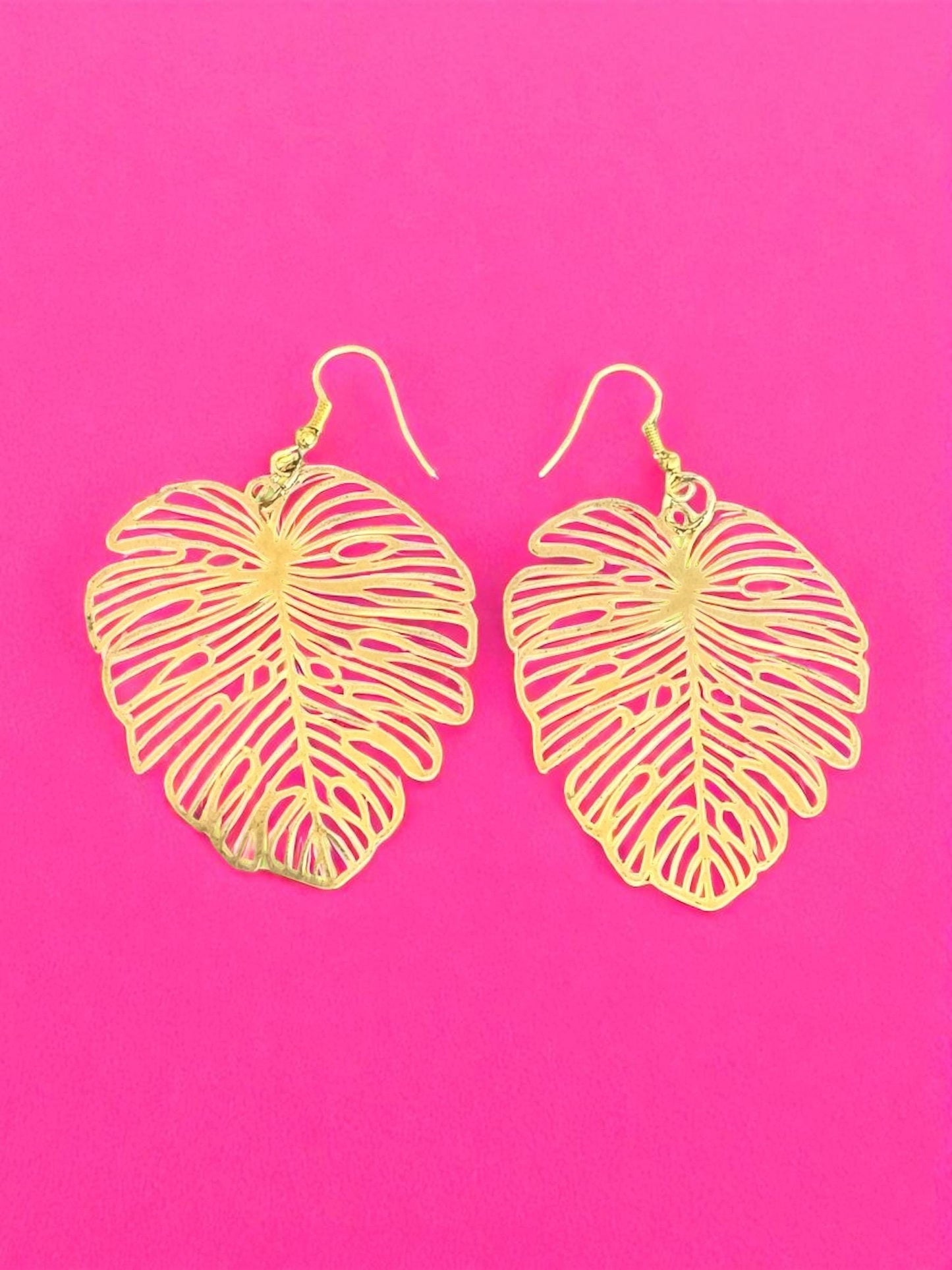 Tropical Gold Monstera Leaf Earrings – Boho Statement Jewelry