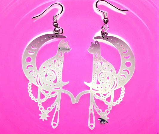 Cat on the Moon Earrings |Unique Gift for Cat Lovers available in gold and silver